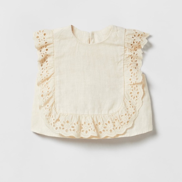 Zara Other - Zara kids Linen shirt Embroidered trim ruffle detail top, cream color